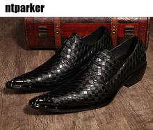 Ntyparker sapatos masculinos de tecelagem, sapatos de couro masculinos, bico fino de aço, festa, casamento, negócios, tamanhos grandes 2024 - compre barato