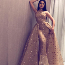 Gorgeous Dubai Mermaid Prom Gowns With Overskirt Sexy High Neck Crystal Sleeveless Arabic Formal Dress Evening Wear Custom Made 2024 - buy cheap