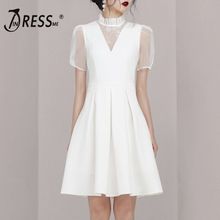 INDRESSME 2019 New Arrvials Office Lady Ruffles Neck Chiffon Puff Short Sleeves Mesh Lace Skater Women Party Mini Dress White 2024 - buy cheap