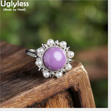 Uglyless 100% Real Solid 925 Sterling Silver Natural Pearls Sunflower Open Rings for Women Purple Mica Finger Ring Fine Jewelry 2024 - buy cheap
