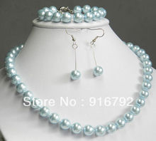 free shipping >>>>>Elegant Wedding !10mm Sky blue South Sea Shell Pearl Necklace bracelet Earring 2024 - buy cheap