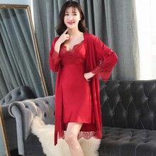 MECHCITIZ silk robe femme 2019 summer robe gown set for women lace satin bathrobe sleepwear sexy lingerie robes with chest pads 2024 - buy cheap