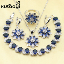 Conjuntos de joias cor prata impecável para mulheres, azul escuro, zircônia cúbica colar pingente pulseiras, brincos, presente de natal 2024 - compre barato