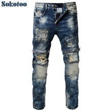 Special price Men's vintage pleated holes ripped biker jeans for motorcycle Patch zipper distressed washed denim pants Size 36 2024 - buy cheap