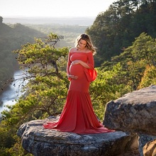 Vestido de maternidad para fotografía, cuello de barco, rojo, accesorios de fotografía de maternidad, manga larga, algodón elástico, nuevo 2024 - compra barato