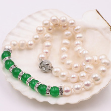 Collar de perlas de 8-9mm para mujer, cadena de abalorios de perlas naturales blancas, Jades verdes, joyería de diamantes de imitación de 18 pulgadas A510 2024 - compra barato