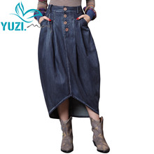 Saias femininas assimétricas 2018 yuzi, saia boho nova saia jeans assimétrica na cintura média x2225 2024 - compre barato