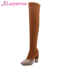 Lasyarrow-botas femininas, salto alto em veludo, couro, coxa alta, estiramento, outono, inter sobre o joelho, mulheres, sapatos longos f525 2024 - compre barato
