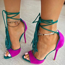 Summer Sexy Mixed Color Fish Toe Stiletto High Heel Tassel Sandals Cross- Tied Fringed Lace Up Sandalias Party Shoes for Ladies 2024 - buy cheap