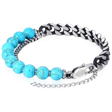 Womens Men's Blue Beads Bracelet Gunmetal Stainless Steel Cuban Link Chain Bracelet For Men Woman Jewelry Valentines Gifts DLB52 2024 - buy cheap