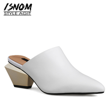 ISNOM Genuine Leather Slippers Woman Pointed Toe Footwear Strange Heels Slides Shoes Female Mules Shoes Women Summer 2021 White 2024 - buy cheap
