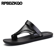 Slippers Toe Loop Casual Outdoor Beach Waterproof Slides Black Men Sandals Leather Summer Fashion Soft Flip Flop Slip On Shoes 2024 - buy cheap
