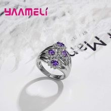 Anel charmoso de prata esterlina 925 para mulheres, quatro grandes e roxo flor, com strass e anéis de noivado 2024 - compre barato