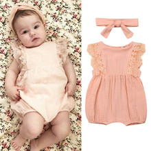Pretty Summer Newborn Kid Baby Girl Outfits Lace Ruffle Sleeve Romper Solid Jumpsuit Bow Headband 2Pcs Baby Girl Sets 0-24M 2024 - buy cheap