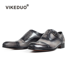 VIKEDUO 2020 Letter Laser Monk Strap Shoes Patina Genuine Leather Men's Shoes Wedding Office Bespoke Formal Dress Zapatos Hombre 2024 - buy cheap