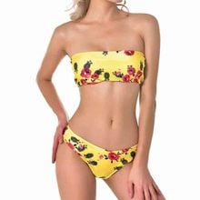 Women's Floral Printing Yellow Base Two Pieces Swimsuit Off Shoulder Bandeau Top with Low Waist Bottom Padded Wireless Swimwear 2024 - buy cheap