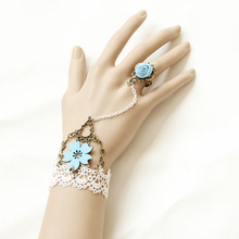 Handmade Women's Adjustable Ring to Bracelet Wristband Slave Set Cherry Blossoms Flower White Lace Bride Bridal Fashion Gothic 2024 - buy cheap