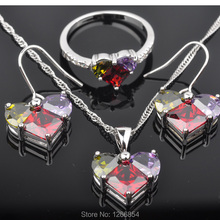 Прекрасный серебряный цвет Ювелирные наборы серьги для женщин набор ожерелье с кулоном многоцветный кубический цирконий кольца цена JS0149 2024 - купить недорого