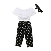 Summer New Kids Baby Girl Chiffon Ruffle Tops Off-shoulder T shirt+Trousers Pants Outfit Toddler Girl Clothes O-neck Cotton 2024 - buy cheap