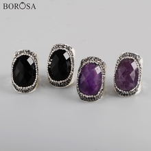 BOROSA Gems Ring 5Pcs Trendy Silver Plated Rhinestone Paved Natural Amethysts Black Agates Band Ring Jewelry for Women JAB966 2024 - buy cheap