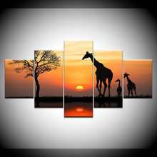 Canvas Wall Art Pictures Framework Home Decor 5 Pieces Sunrise Giraffe Tree Landscape Painting Modular HD Prints Animal Poster 2024 - buy cheap