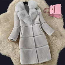 Casaco de pele de lã de imitação, jaqueta comprida com gola grande de pele de raposa, para outono e inverno 2024 - compre barato