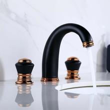 Basin Faucets Black and Rose Gold Brass Jade Deck Mounted Square Bathroom Sink Faucets 3 Hole Double Handle Hot Cold Water Taps 2024 - buy cheap