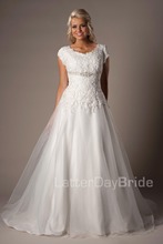 New Cheap Modest  Ivory A-line Long Floor Length Cap Sleeves Lace Organza Wedding Dress With Sleeves 2024 - buy cheap