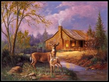 Needlework for embroidery DIY French DMC High Quality - Counted Cross Stitch Kits 14 ct Oil painting - Deer Near Cabin 2024 - buy cheap