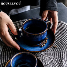 Houseyou-Juego de platillo de Taza de Café de Cerámica azul profundo, taza de té de la tarde, té de Azul Antiguo, taza de café Espresso de Color 2024 - compra barato