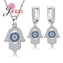 Conjunto de joyas geométricas para niñas, pendientes de plata de ley 925, collar, regalo de cumpleaños, conjunto de fiesta de diamantes de imitación de circonia cúbica blanca y azul 2024 - compra barato