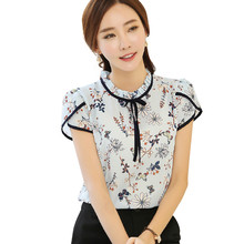 RibbonFish Women Spring Summer Style Chiffon Blouses Shirts Short Sleeve Flower Printed Bow Tie Decor Blusas Top Feminina DF1265 2024 - buy cheap