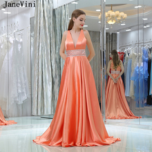 JaneVini 2018 Sexy Deep V Neck Long Bridesmaid Dresses Sweep Train Satin A Line Prom Gowns with Beads Backless Formal Party Wear 2024 - buy cheap