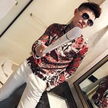 Популярная Весенняя Новая модная мужская рубашка, Корейская тонкая рубашка с цветочным принтом, пляжные рубашки, мужская одежда с длинным рукавом для ночного клуба 2024 - купить недорого
