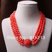 ddh0046 7.5mm orange coral beaded carved rose flower pendant 3 row  necklace natural Luxury Ms. girl  CZ Crystal stone gems 2024 - buy cheap