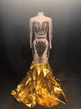 Блестящее платье со стразами и золотыми блестками со шлейфом; формальное женское платье для певицы; цельный костюм для вечеринки; наряд для сцены 2024 - купить недорого