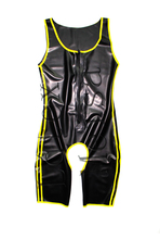 Novelty Fetish latex bodysuit attached front zip and decorative with yellow stripes and open crotch for men 2024 - buy cheap