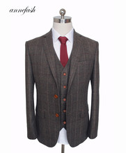 Custom Made Woolen dark brown Herringbone Tweed British style Mens suit tailor slim fit Blazer wedding men suit 3pcs 2024 - buy cheap