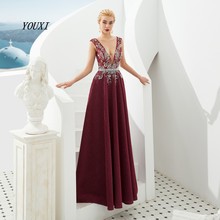 Luxury Sexy V-Neck Burgundy Prom Dresses 2019 YOUXI New Arrival Backless Formal Evening Party Gowns 2024 - buy cheap