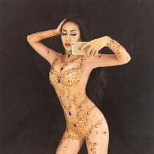 Sexy Stage Costumes for Singer Gold Queen Sparkly Crystal Rhinestone Jumpsuit Celebrate Nightclub Stage Bodysuit Customes Women 2024 - buy cheap