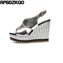 Peep Toe Salto Alto Extremo Slingback Fetiche Rebite Sapatos Bombas Prata Viga Plataforma Cunhas Sandálias Verão Mulheres Couro Legítimo Verão Cunhas 2024 - compre barato