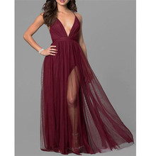 Chiffon V-collar Leeveless Dress European and American Women's Sexy open-backed Deep V-neck wine-red Mesh Stitching Dress S-XL 2024 - buy cheap