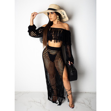 OKAYOASIS Sexy Women Slash Neck Elegant 2 Pieces Summer Dress Set Novelty Tassel Beach Dress Set 2024 - buy cheap