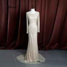 Finove Mermaid Evening Dresses 2020 New Luxury Champagne Long Sleeves O-Neck Full Beading Pearls Prom Party Gowns Robe De Soiree 2024 - buy cheap