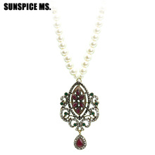 Ethnic Turkish Women Vintage Beads Pendant Necklace Antique Gold Color Resin Flower Long Strand Necklaces Indian Wedding Jewelry 2024 - buy cheap