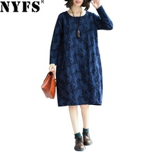 NYFS 2020 New Style Spring Autumn Women Dress Vintage Printing Cotton Linen Loose Long Dress Vestidos Elbise Robe 2024 - buy cheap