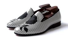 British style black and white stripes comfortable men shoes handmade embroidery flower print slip on loafers free shipping 2024 - buy cheap