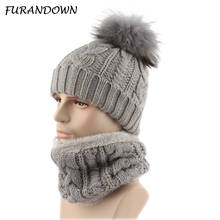 Winter Hat For Men Fleece Liner Knitted Hat Scarf Set Real Fur Pompom Beanies Cap two piece set 2024 - buy cheap
