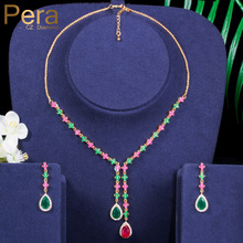 Pera Vintage Women Long Dangle Light Yellow Gold Color Natural Green And Red Crystal Stone Jewelry Set For Party Dresses J025 2024 - buy cheap