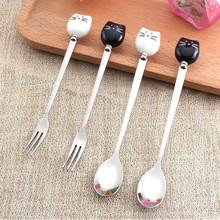 Cute Cartoon Cat Fork Stainless Steel Long Stirring Spoon Fruit Fork Coffee Stainless Steel Spoon Ceramic Handle Fruit Tools 2024 - buy cheap